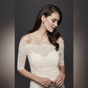 David’s Bridal Ivory Off-the-Shoulder Lace Topper with 3/4 Sleeves